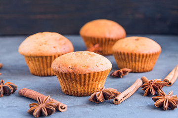 Chocolate chip muffins with cinnamon and star anise close-up