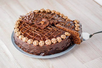 Chocolate cake Prague with chocolate buttercreamy frosting. Homemade baking.