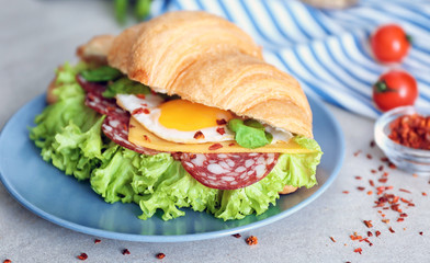 Plate with tasty croissant sandwich on table