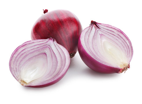 Ripe red onions on white background