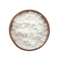 Wooden bowl with corn starch on white background