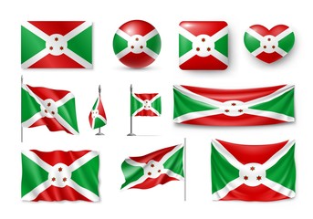 Set Burundi flags, banners, banners, symbols, realistic icon. Vector illustration of collection of national symbols on various objects and state signs © Sunflower