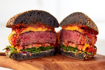 Sliced juicy cheeseburger