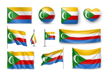 Set Comoros flags, banners, banners, symbols, realistic icon. Vector illustration of collection of national symbols on various objects and state signs