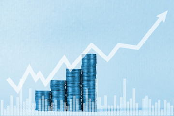 Double exposure step of coin stack with financial and copy space for business and financial concept.