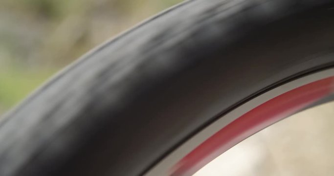 Spinning bicycle tire, close up