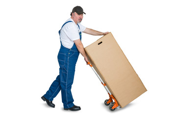 Male worker transporting large cardboard box