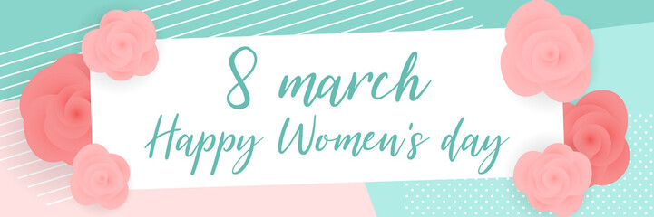Obraz premium Mint color rose bud vector greeting card design. 8 march happy women's day - mother's day. International halftone vintage spring floral origami illustration. Paper blossom border. Woman day banner.