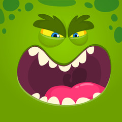 Angry cartoon monster face. Vector Halloween green monster character