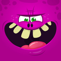 Angry cartoon monster face avatar. Vector Halloween pink monster character