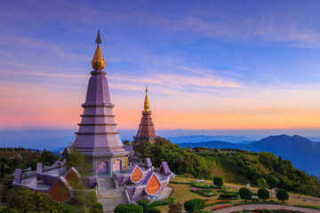 Fototapeta na wymiar Landscape of two big pagoda on the top of Doi Inthanon mountain, Chiang Mai, Thailand.