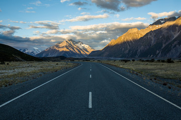 Sunset on the road to Tasman Glacier in the Southern Alps of New Zealand's South Island