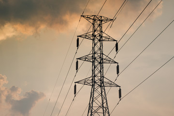 High voltage post and sky in twilight time,Electric pole