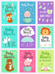 Baby shower design vector card cute woodland animals born arrival vector graphic. Party template vintage cute birth baby shower invitation. Welcome greeting baby shower invite decoration celebration.
