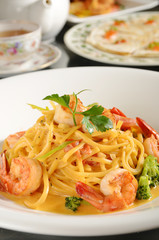 Spaghetti pasta with shrimp  on a plate