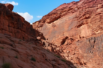 Fototapeta premium Red stone walls of the canyon of Wadi Rum desert in Jordan. Wadi Rum also known as The Valley of the Moon is a valley cut into the sandstone and granite rock in southern Jordan to the east of Aqaba.
