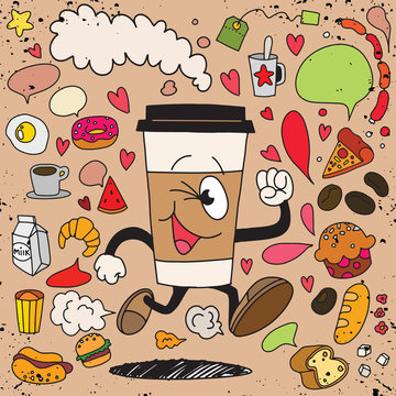 Vector illustration of smile takeaway coffee cup running on breakfast element background.