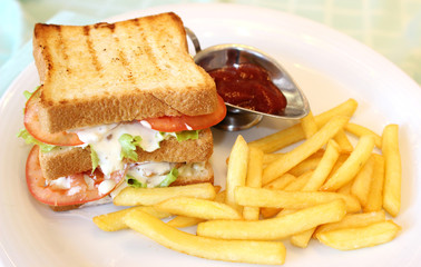 sandwich with French fries and ketchup