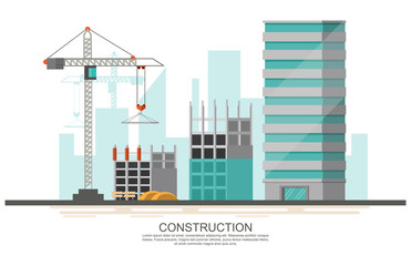 Building site work process under construction with cranes and machines.Vector illustration.