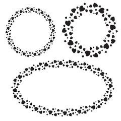 Set of circle and oval frames of black hearts. Vector illustration.