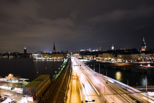 A night view of the road leading into Gamla Stan in Stockholm, Sweden
