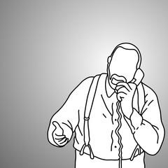 old man with suspenders or braces using desk telephone vector illustration doodle sketch hand drawn with black lines isolated on gray background. Business concept.