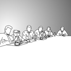 Business people in a conference room with food on the table vector illustration doodle sketch hand drawn with black lines isolated on gray background. Business concept.