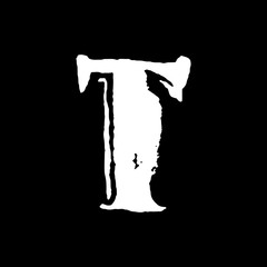 Letter T. Handwritten by dry brush. Rough strokes textured font. Vector illustration. Grunge style vintage whiskey alphabet.