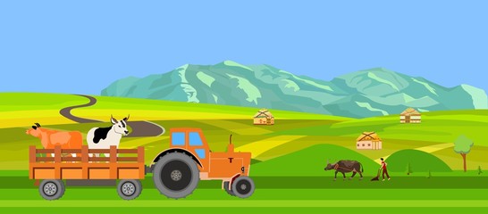 Green field and mountains with farm animals in horizontal web banner vector illustration.
