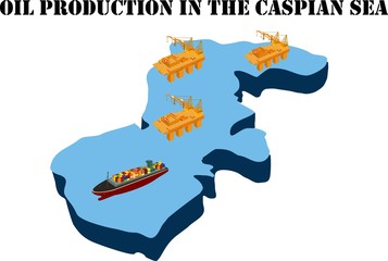 Oil production in the Caspian sea, 3d isometric concept vector illustration, oil platforms in the sea.