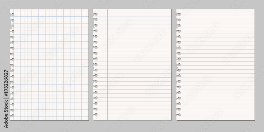 Poster set of vector realistic illustrations of a torn sheet of paper from a workbook with shadow, isolated