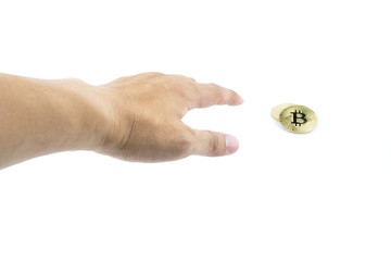 Fototapeta na wymiar Bitcoin. Man hand find gold bitcoin on isolated background