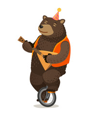 Circus performance. Happy bear rides unicycle and plays balalaika. Cartoon vector illustration © ~ Bitter ~