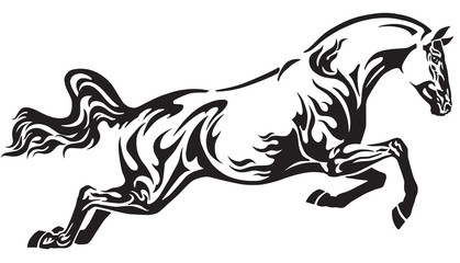  flaming horse in the jump . Side view tribal tattoo style vector illustration . Black and white