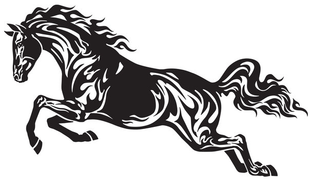 jumping horse stallion . Side view . Black and white tribal tattoo style vector illustration