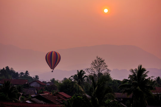 Balloon over the sky during sunsetting at Vang Vieng Laos