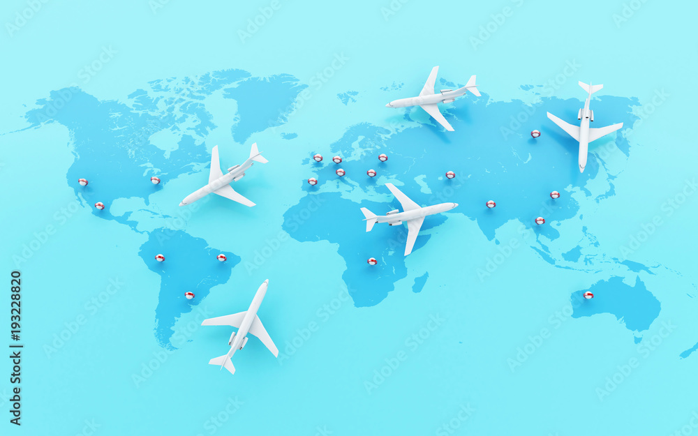 Aufkleber 3d airplanes flying around globe with map pointer.