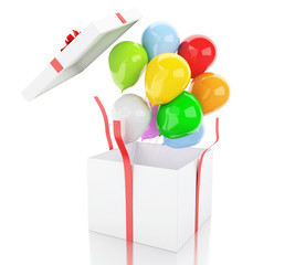 3d Gift box with colorful balloons.