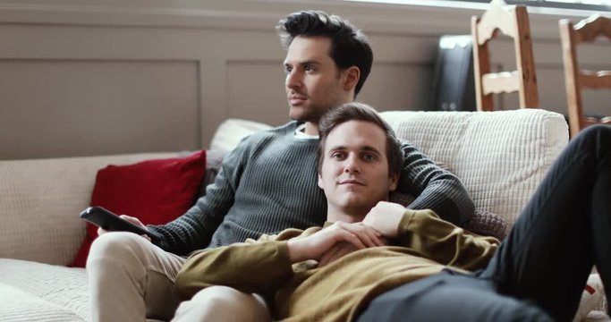 Young male couple relaxing on sofa