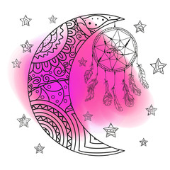 Crescent. Moon and stars with abstract patterns. Dreamcatcher. Watercolor spot. Colored aquarelle blotch. Design zentangle. Design for spiritual relaxation for adults. Bright stain. Print for t-shirts