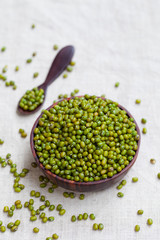 Mung bean, green moong dal in wooden bowl. White textile background.