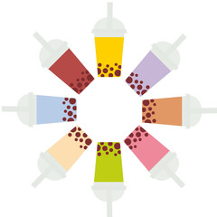 Bubble Tea with different fruits and berries. Round frame Milk Cocktails in plastic cup, tubule. Different sorts of Bubble Tea Cocktails. pastel colors isolated on white background. Vector