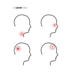 Pain location symbol set. Red vector pain location signs on human heads isolated on white background.