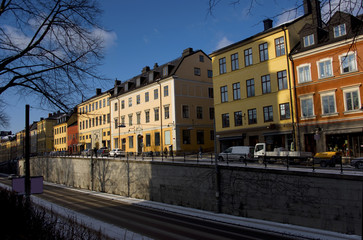 Fototapeta na wymiar Old houses at Sodermalm in Stockholm a cold winter day