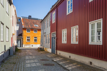 Colorful buildings on streets of Trondheim, Norway. Scandinavian style of architecture.
