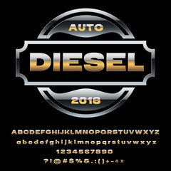 Vector reflective metallic logo Auto Diesel 2018. Set of Alphabet Letters, Numbers and Punctuation Symbols