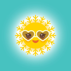 Kawaii funny yellow sun with sunglasses pink cheeks and eyes on blue sky background. Hot summer day. Bright sun and blue sky without clouds. Vector