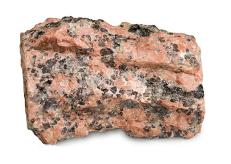 Specimen of red granite mineral isolated on white background