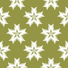 Fototapeta na wymiar White flower on olive green background. Seamless pattern