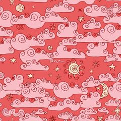 seamless pattern Doodle Collection of Hand Drawn Vector Clouds. Set of cartoon cute simple clouds outlines shapes. Pink with a burgundy outline on a red background. Vector